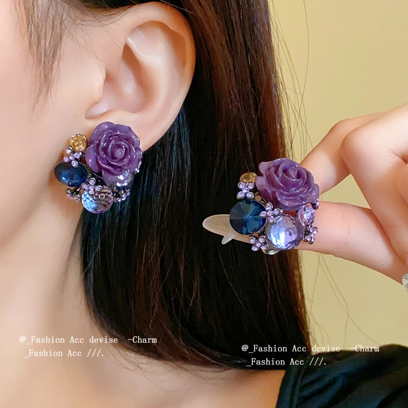 合金耳饰 紫色耳饰花朵耳钉女小众设计复古气质独特耳环高级感