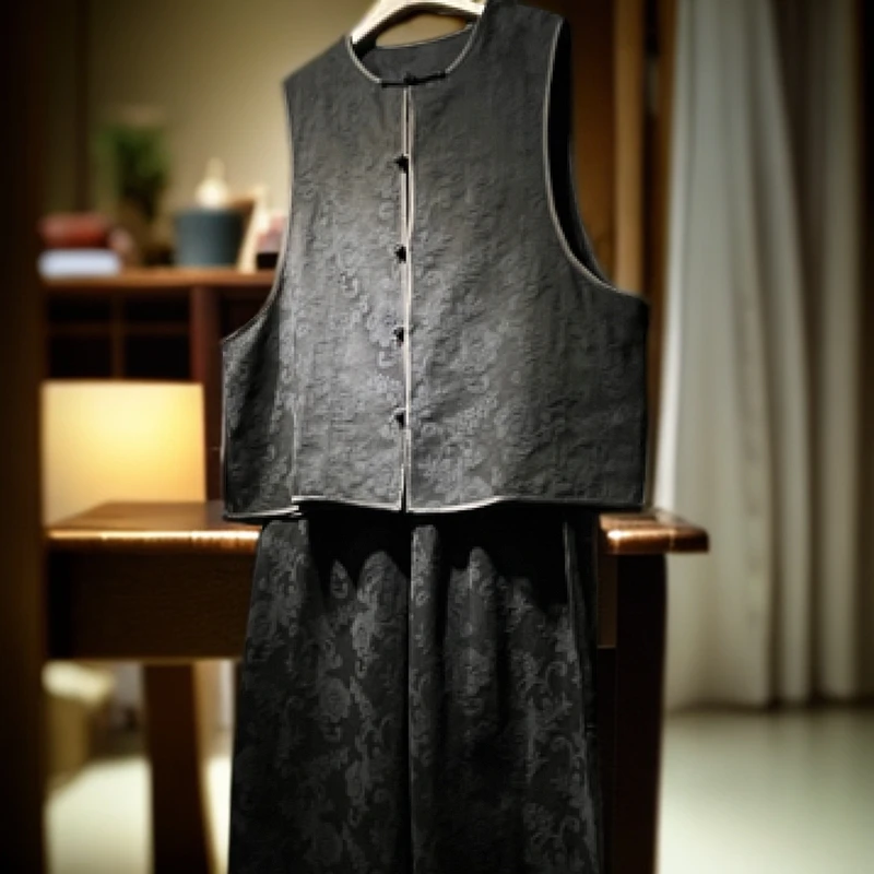 【晓荷】新中式圆领对襟提花马甲套装