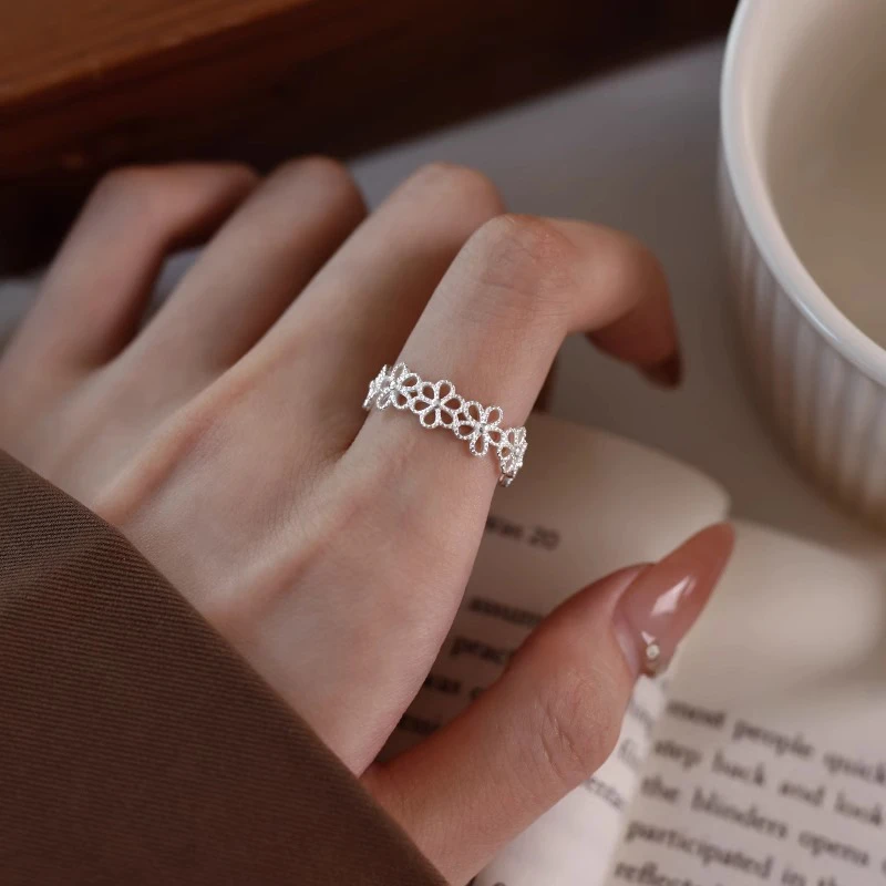925银戒指 925银镂空花朵开口可调节戒指女款甜美温柔ins风指环