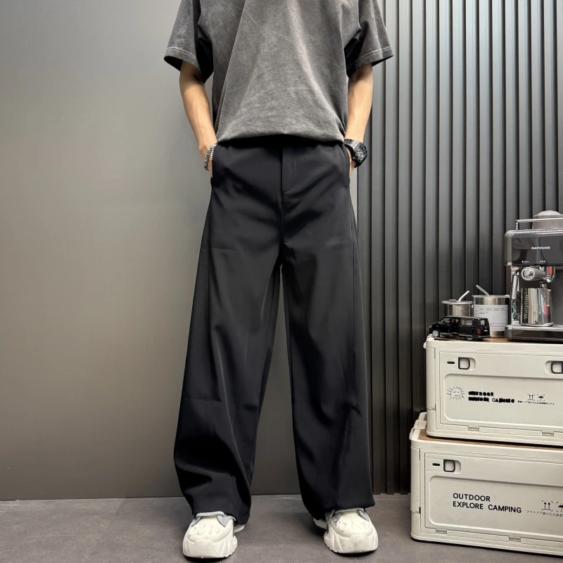 2025新款男士简约休闲垂坠感拖地净面黑色通勤男士黑色垂坠阔腿裤