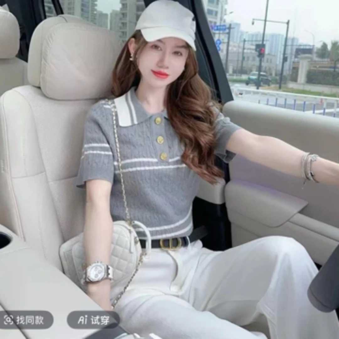 (龙女)杨树琳拼接条纹修身型夏季短袖