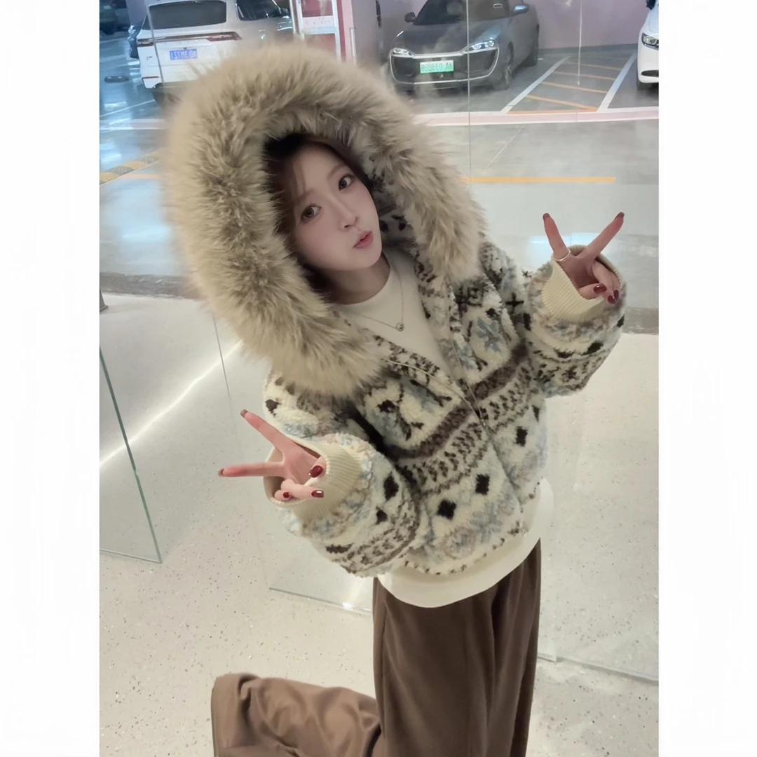 费尔岛复古撞色～90白鸭绒～超大毛领保暖加绒加厚百搭外套#1215