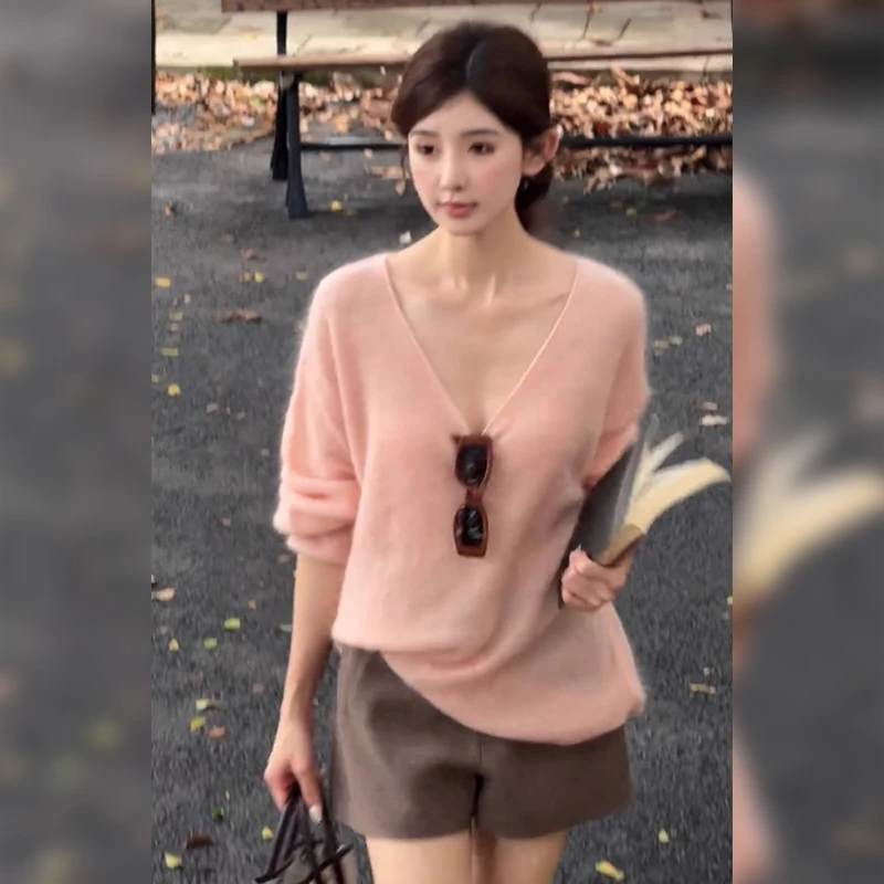 胖mm双十一女装慵懒风粉色v领针织衫女秋冬季宽松软糯巨好看上衣