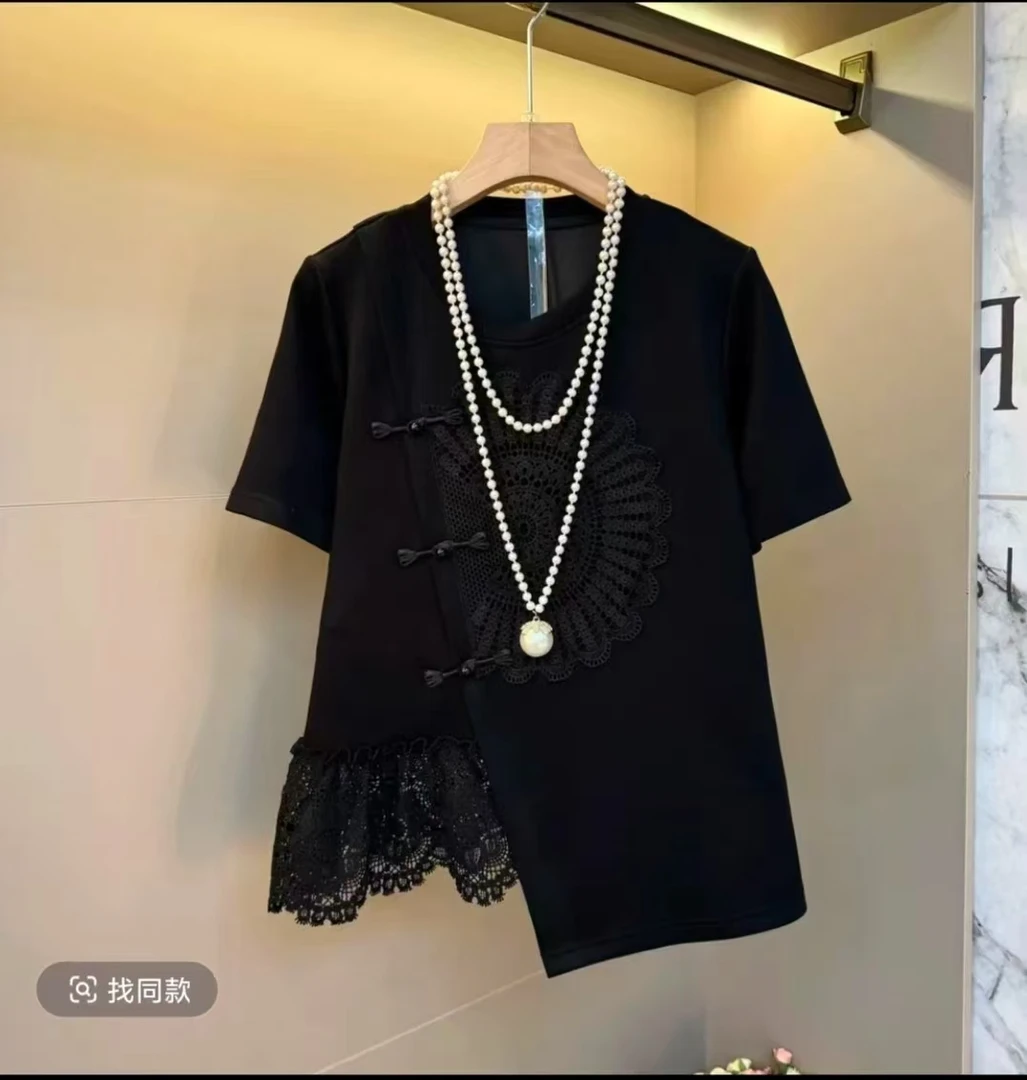 胖妹妹夏季短袖拼接上衣大码设计稿遮肉T恤韩版宽松遮肚子大衫