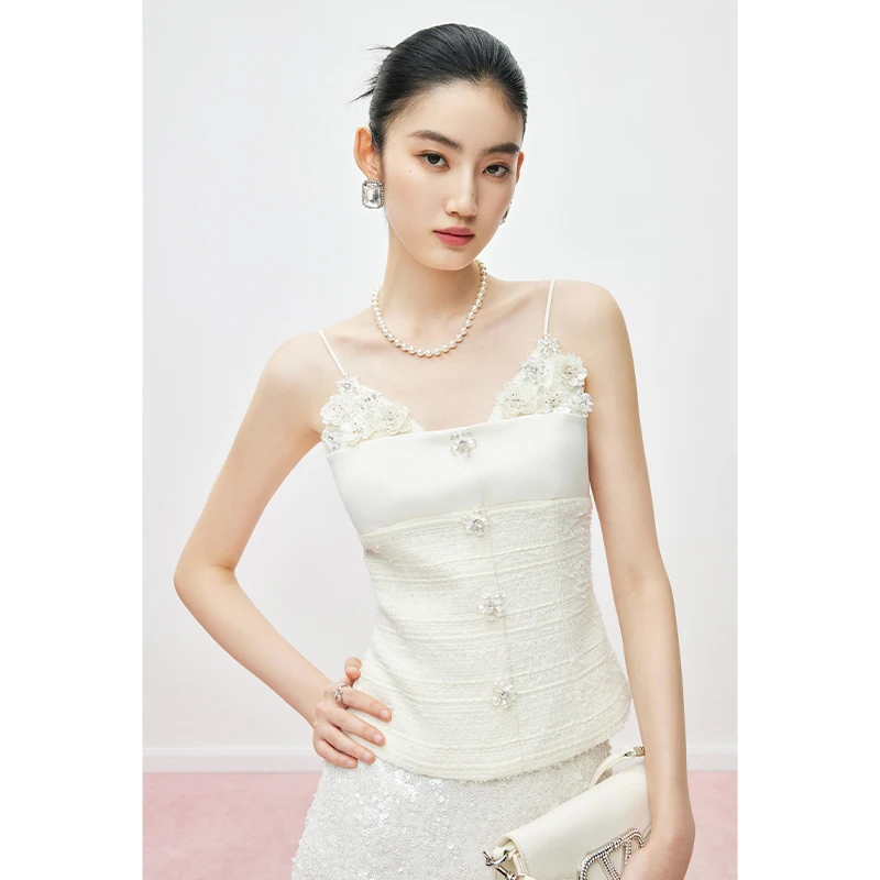 【珊珊专属】MandyZhang羊毛吊带女秋季钉珠花朵掐腰气质背心