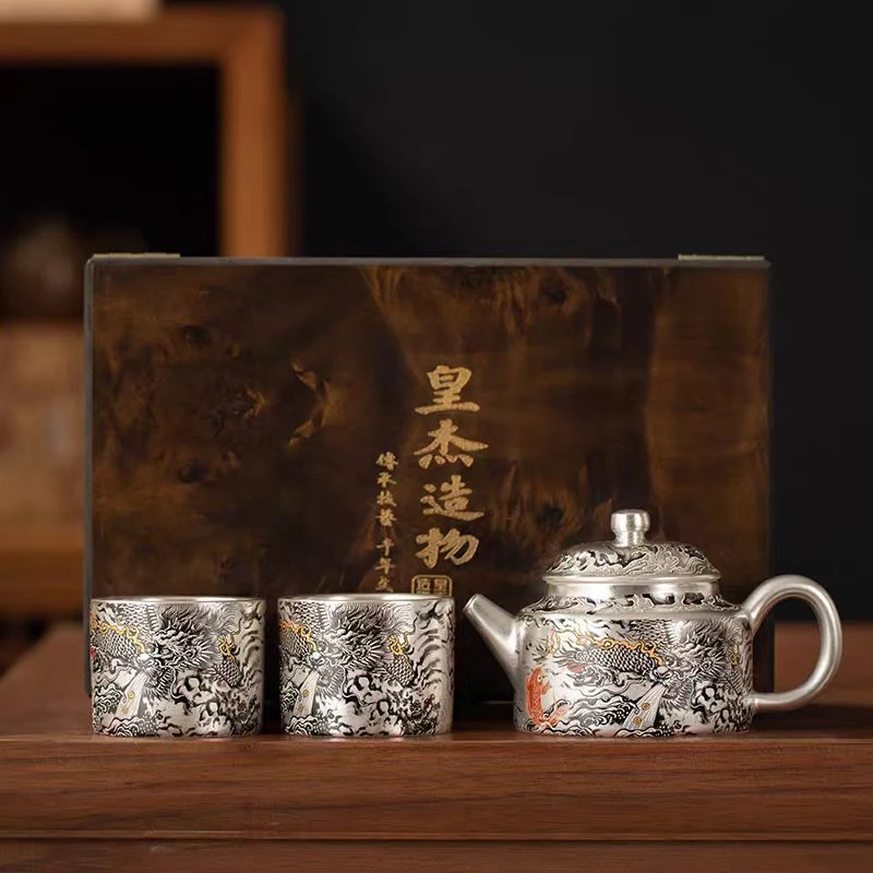 银壶鎏银【墨龙-德钟壶】-皇杰造物礼盒+2杯+盘   3227  (D）