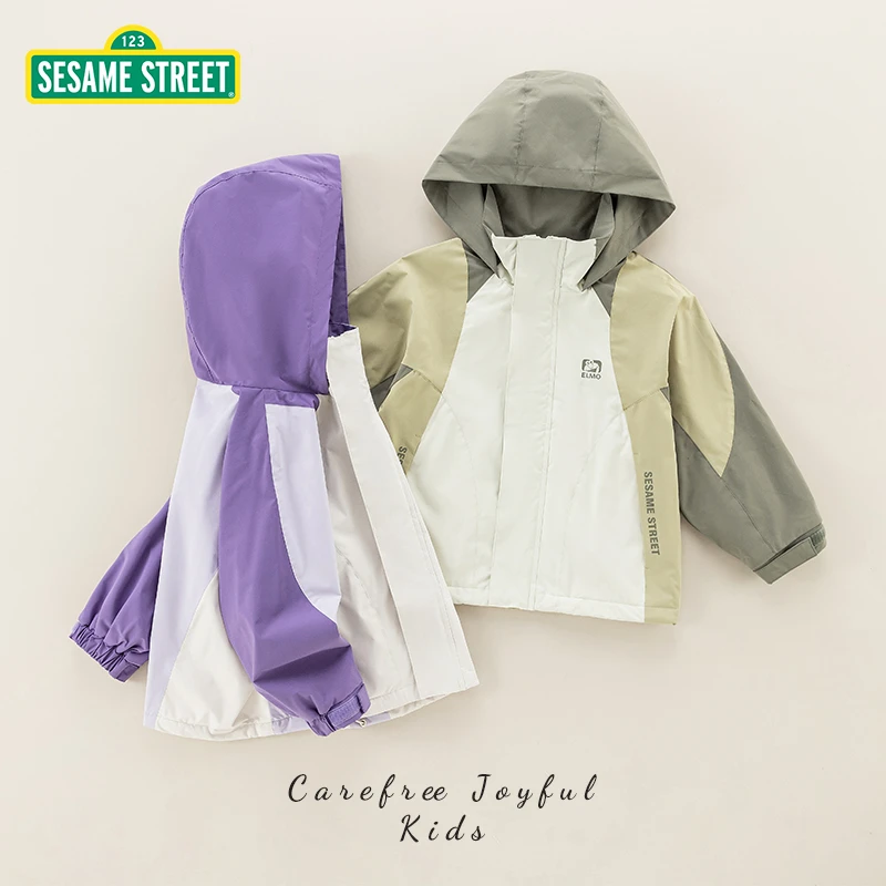 【主播推荐】芝麻街春季新款儿童连帽加绒相拼撞色外套ZMCC005