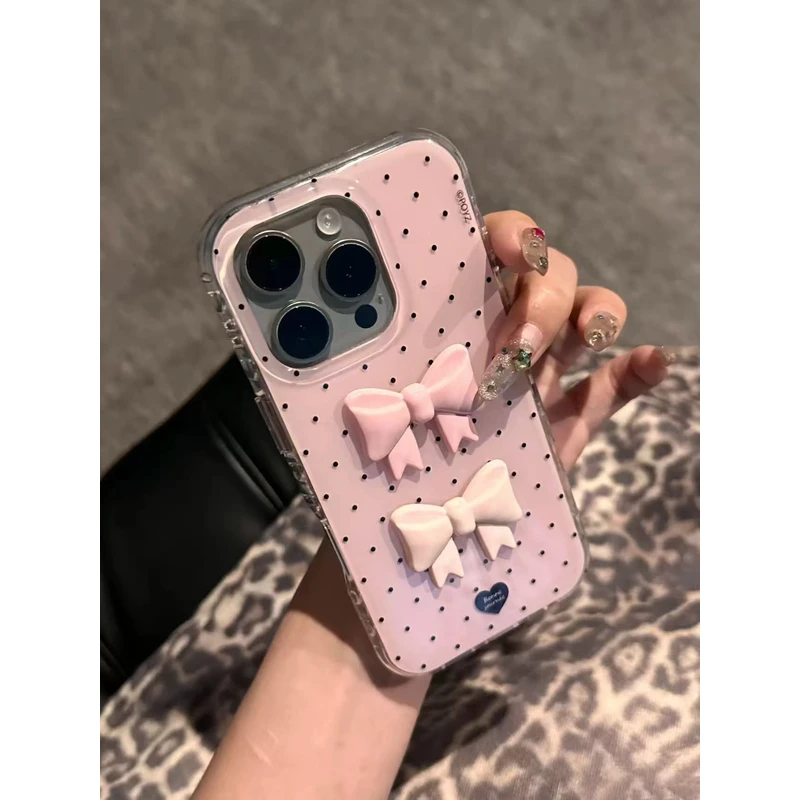 韩系波点立体粉白蝴蝶结适用苹果16Promax手机壳vivo华为oppo小米