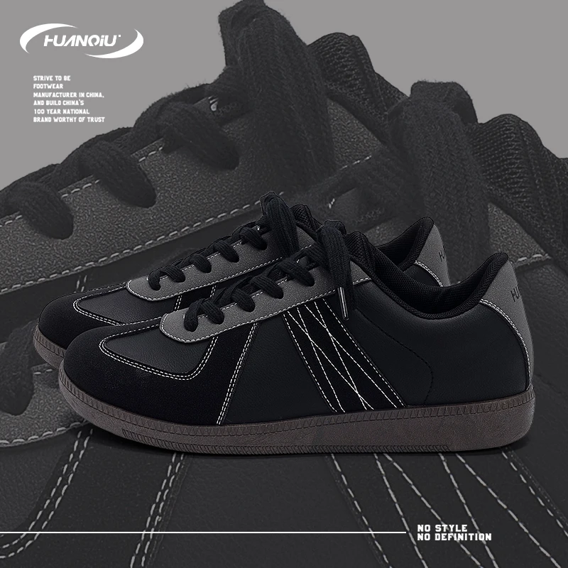 HUANQIU/环球简约潮流黑色德训板鞋男鞋2025秋季新款轻便百搭休闲