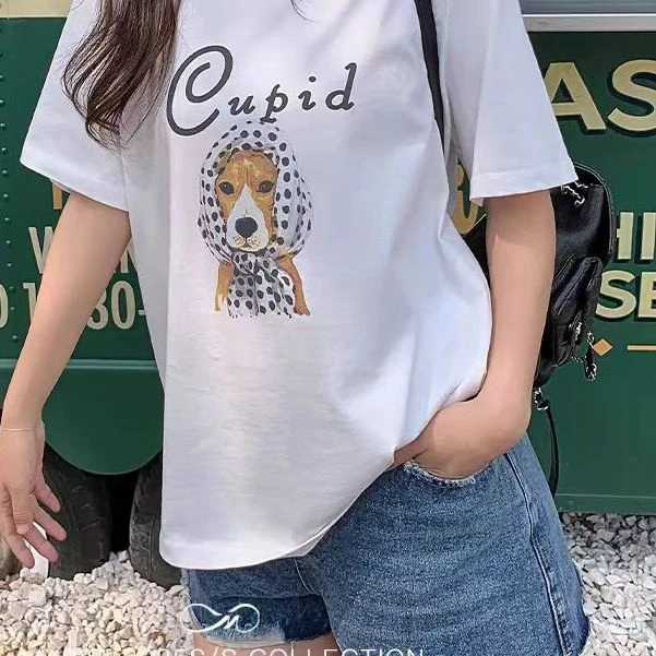 大码女装 胸108-132 围巾小狗短袖T恤6253#