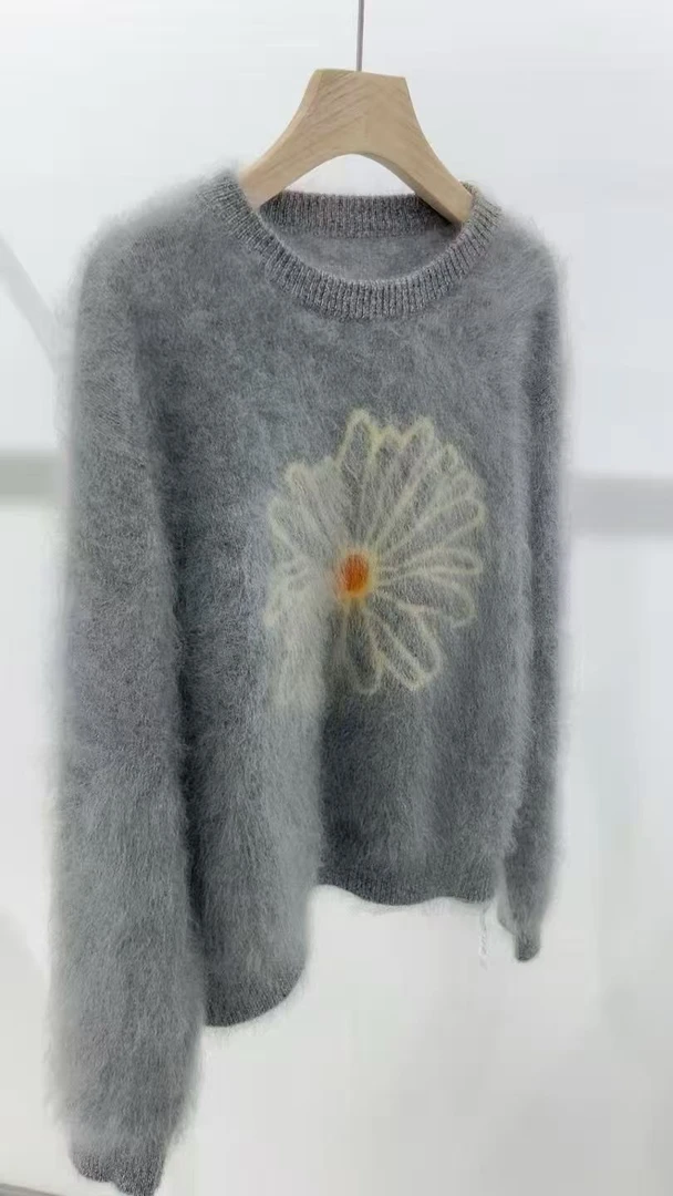 山羊绒加厚植物花卉小雏菊提花拉绒圆领网红长袖百搭宽松