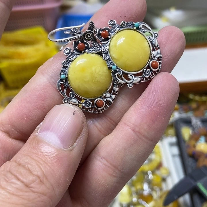 蜜蜡银S925镶嵌裸石耳坠