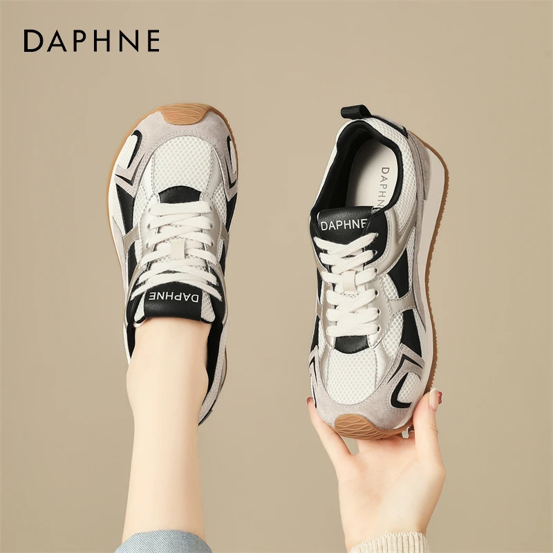 达芙妮复古小众网面真皮德训鞋女欧若风运动赛车鞋轻便百搭休闲鞋