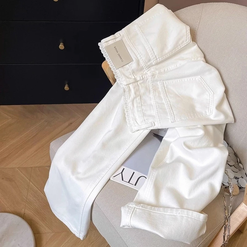 现货白色蕾丝边2025春夏高腰直筒牛仔裤显瘦窄版阔腿裤