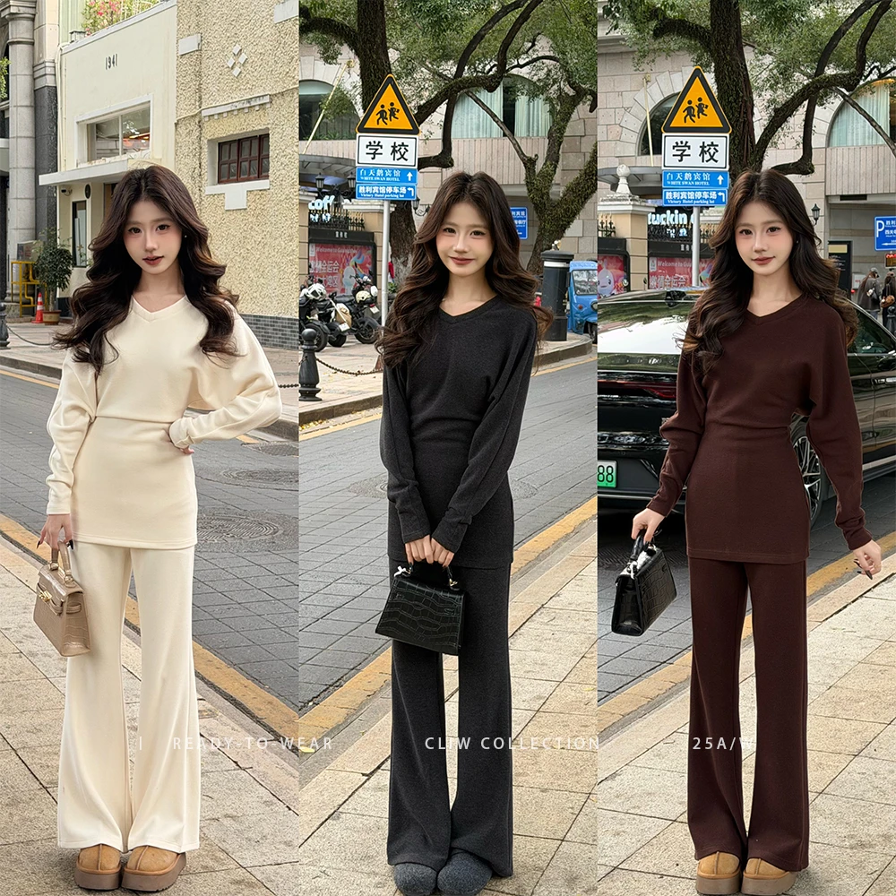 菜菜【简雅序章】小个子冬季V领收腰蝙蝠袖上衣显瘦阔腿长裤两件套