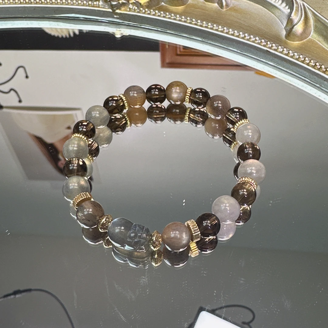 《万物有声》灰月光黑骨干茶水晶多宝手串1220 颜色微差 多样性发一