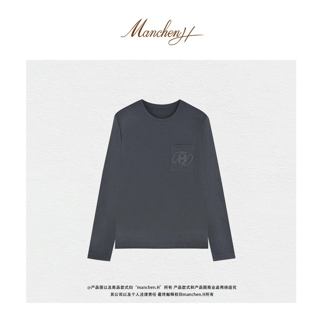 Manchenh"云触之音"进口面料超细羊绒棉混纺立体刺绣口袋长袖T
