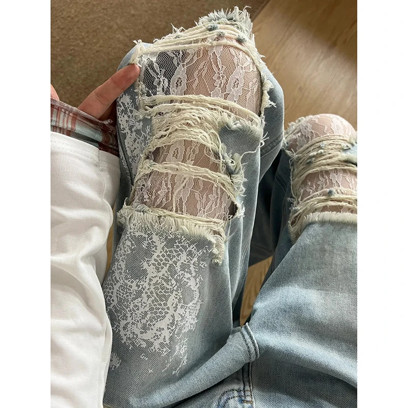 浅色破洞牛仔裤女2025夏季新款蕾丝镂空设计感宽松拖地裤【无腰带】