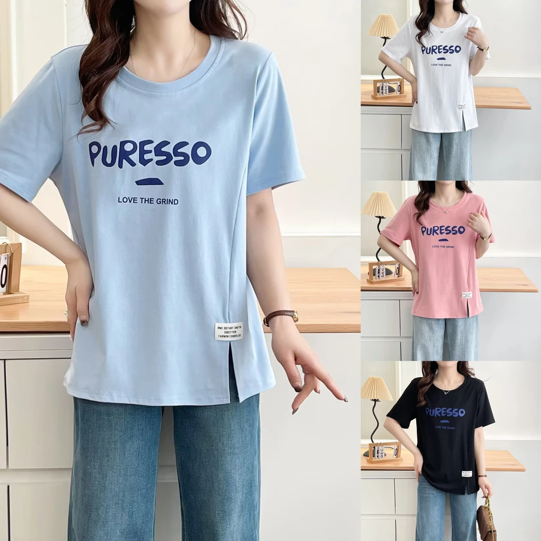 JIANAOBEN/简澳本大码洋气显瘦宽松时尚字母印花开叉圆领短袖T恤