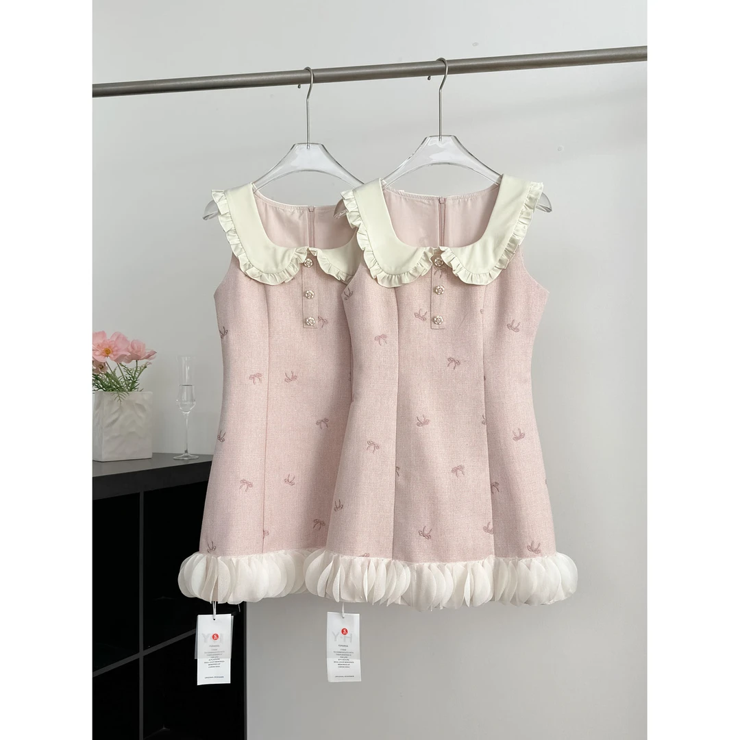 法式甜美初恋粉色无袖连衣裙女夏季设计感小众小香风娃娃领花瓣裙