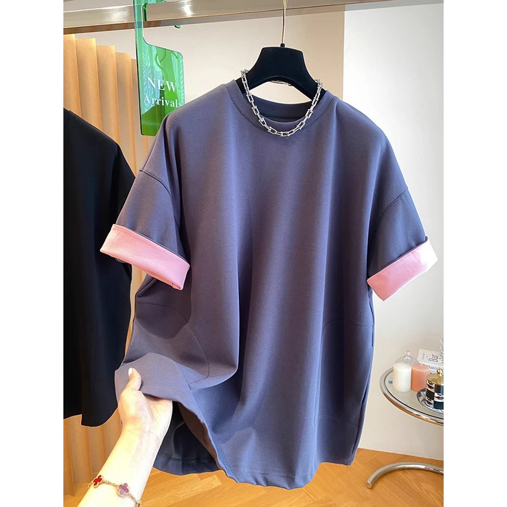欧洲站240斤大码别致撞色假两件短袖T恤女夏季宽松显瘦胖妹妹上衣