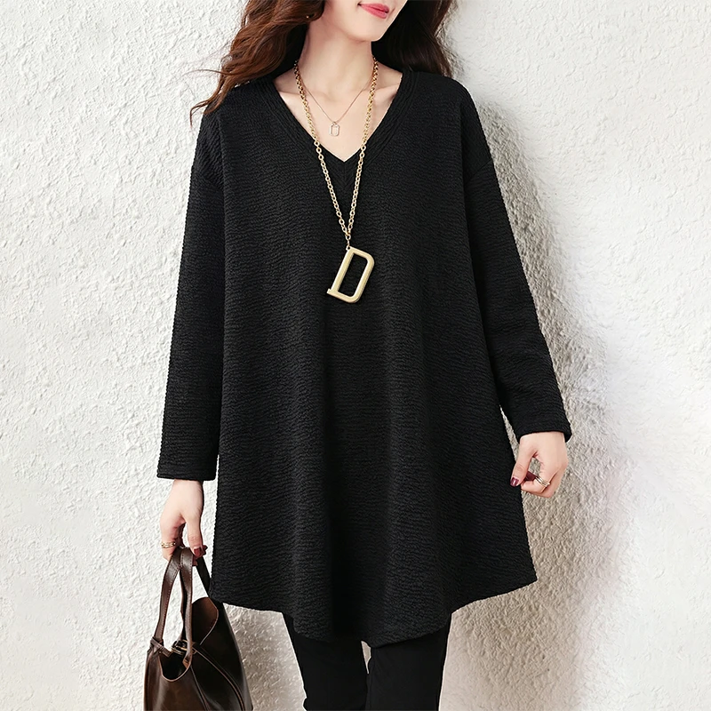中长款黑色T恤女士秋冬2025新款洋气宽松显瘦设计感长袖v领上衣