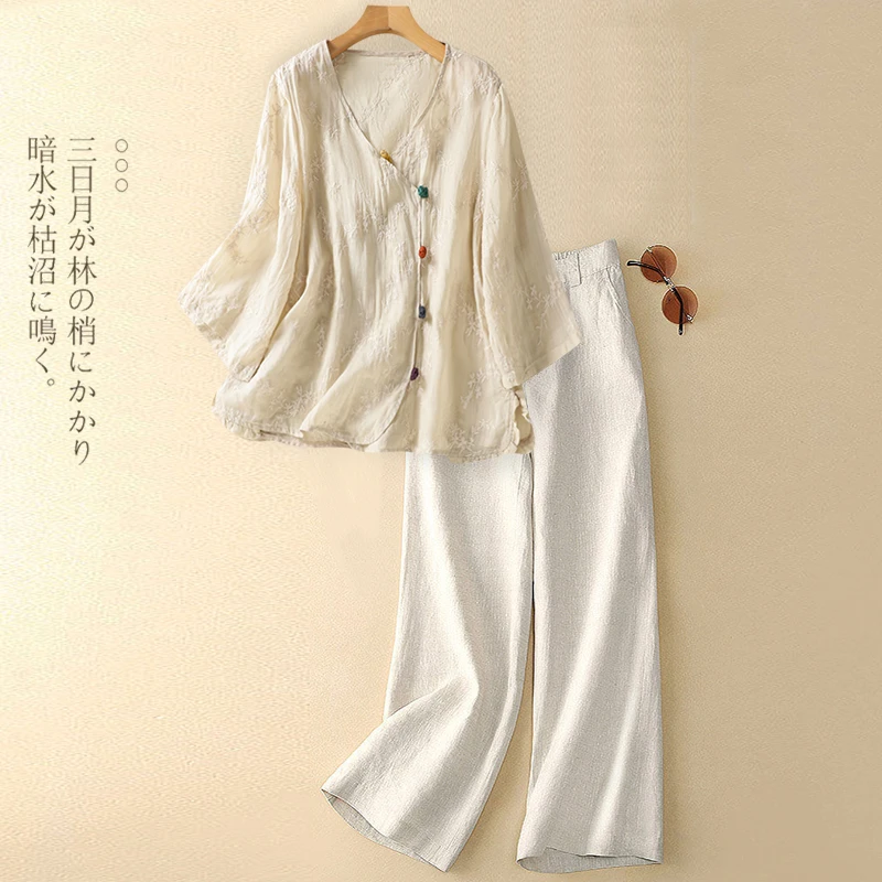 新中式国风套装女士夏装2025年新款妈妈高级感轻奢苎麻上衣两件套