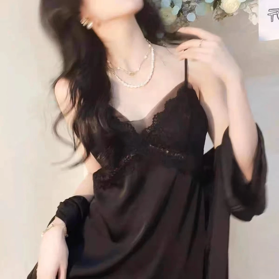 【夜色芭蕾】纯色蕾丝吊带睡裙夏季新款性感居家网纱家居服薄款纯欲