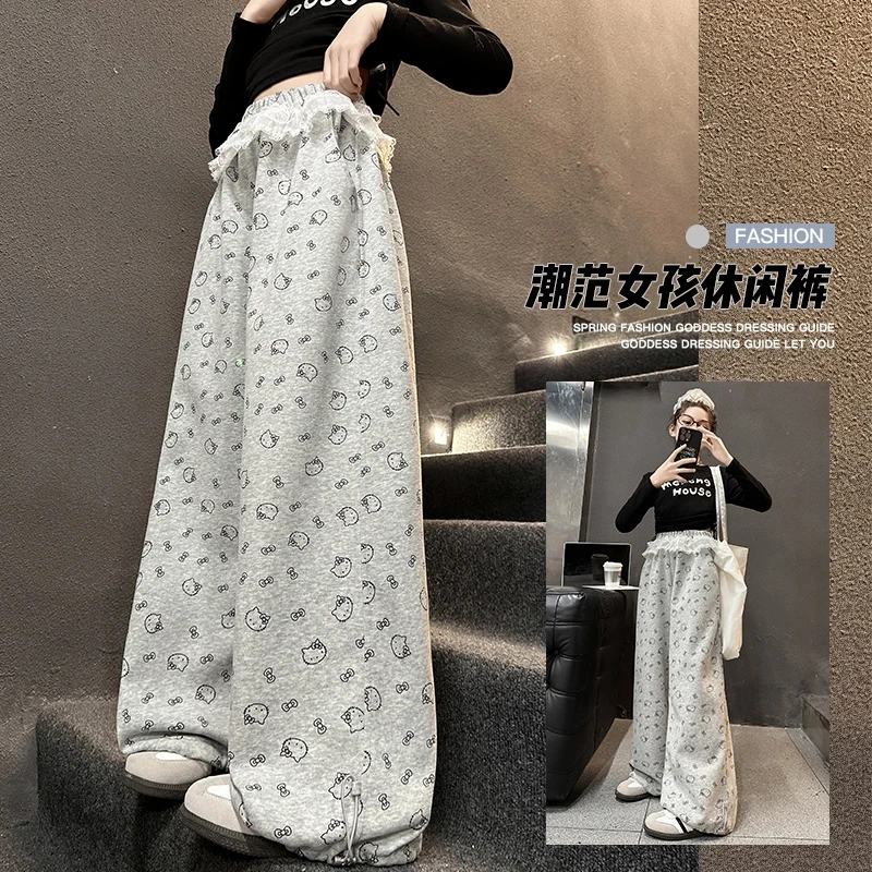 女童印花阔腿裤2025新款女孩春装洋气儿童装拼花边裤宽松运动卫裤