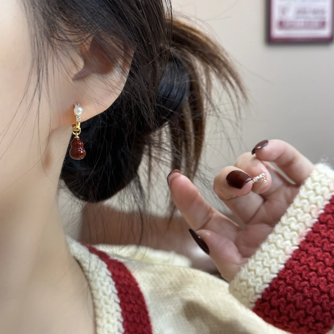 圣诞元旦新年耳饰 红色葫芦耳扣复古轻奢高级感百搭两戴耳环E1950