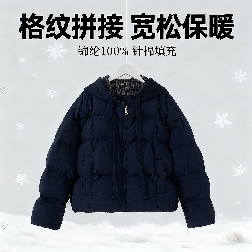 几里与麻 领口格纹拼接连帽棉服 衣长63胸围134 2092041