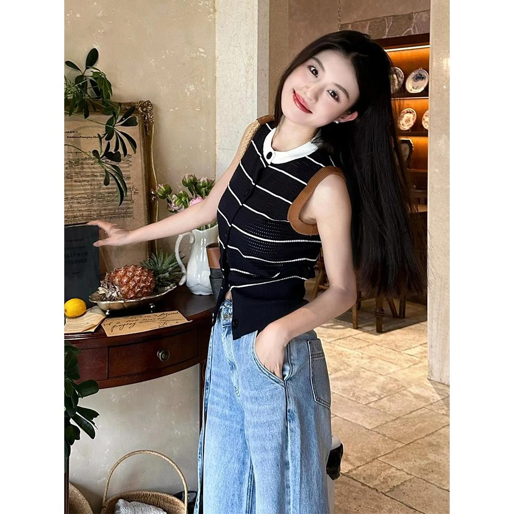 2025夏季新款条纹针织背心女小个子短款超好看撞色小香风冰丝上衣