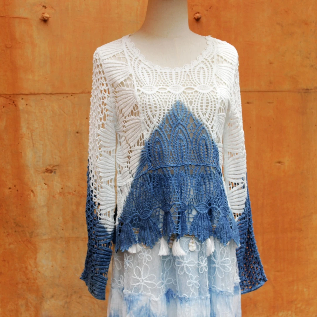 大理手工扎染套头衫圆领中国风薄款女短外套百搭镂空长袖妈妈女装