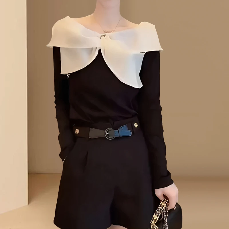 欧货一字领荷叶边长袖T恤女2025春秋季时髦洋气设计感小香风上衣