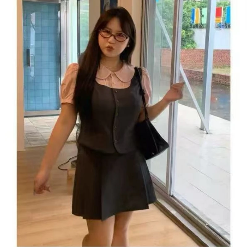 微胖mm学院风西装假两件上衣高腰裙夏季新款女装大码收腰减龄套装