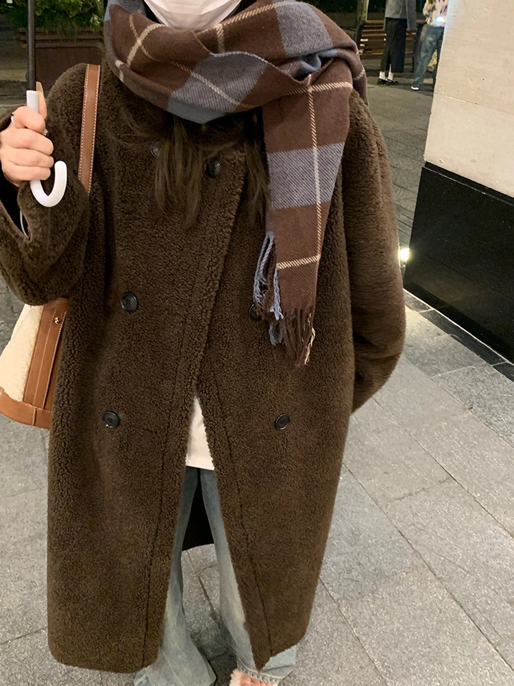 冬季纯色长款大衣外套女宽松圆领加厚双排扣韩版保暖皮毛一体2025