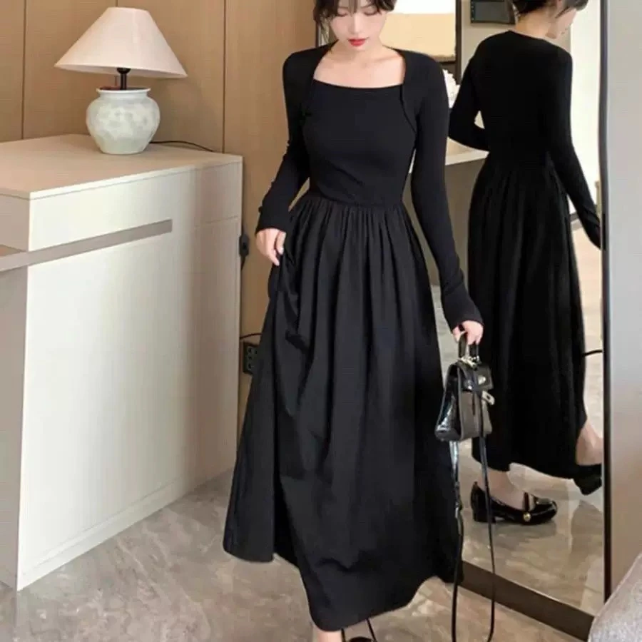 秋季黑色赫本风方领连衣裙-1322
