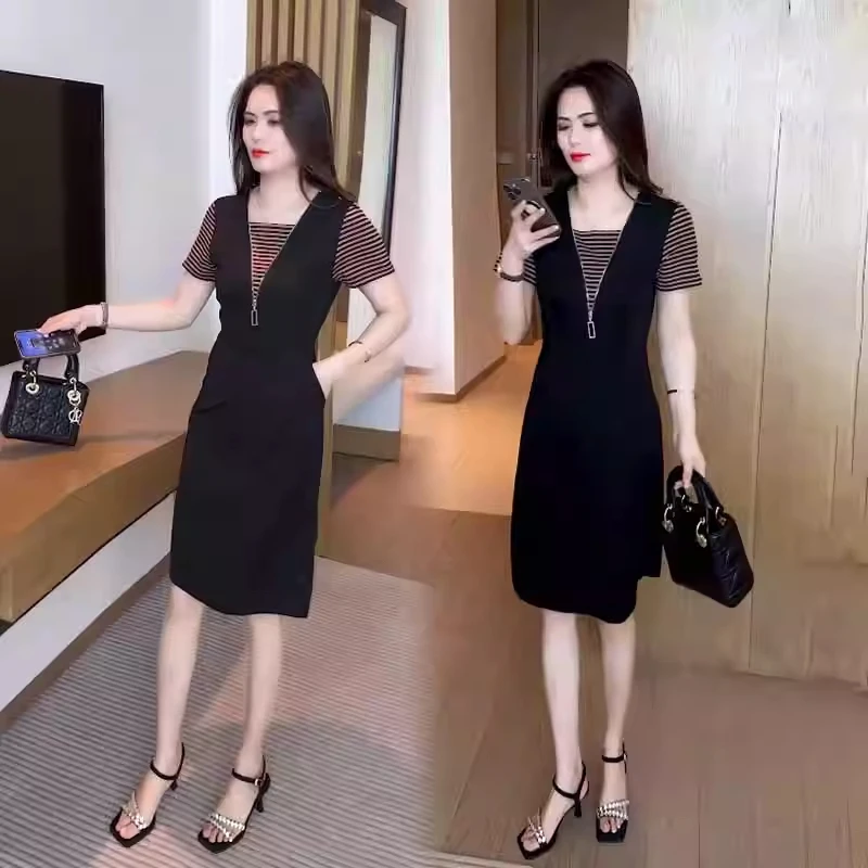 条纹连衣裙夏款2025年新款时尚显瘦洋气质漂亮女装假两件套装裙子