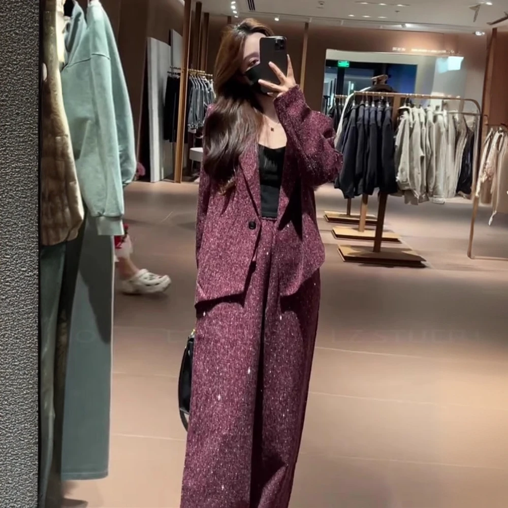 洋气时尚套装女2025秋季大码质星空亮钻西装外套阔腿裤减龄两件套