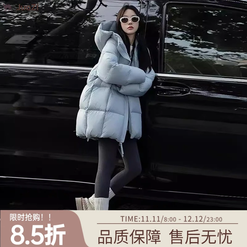 2025新款冬季宽松泡芙羽绒服女装中长款加厚连帽小个子面包服外套