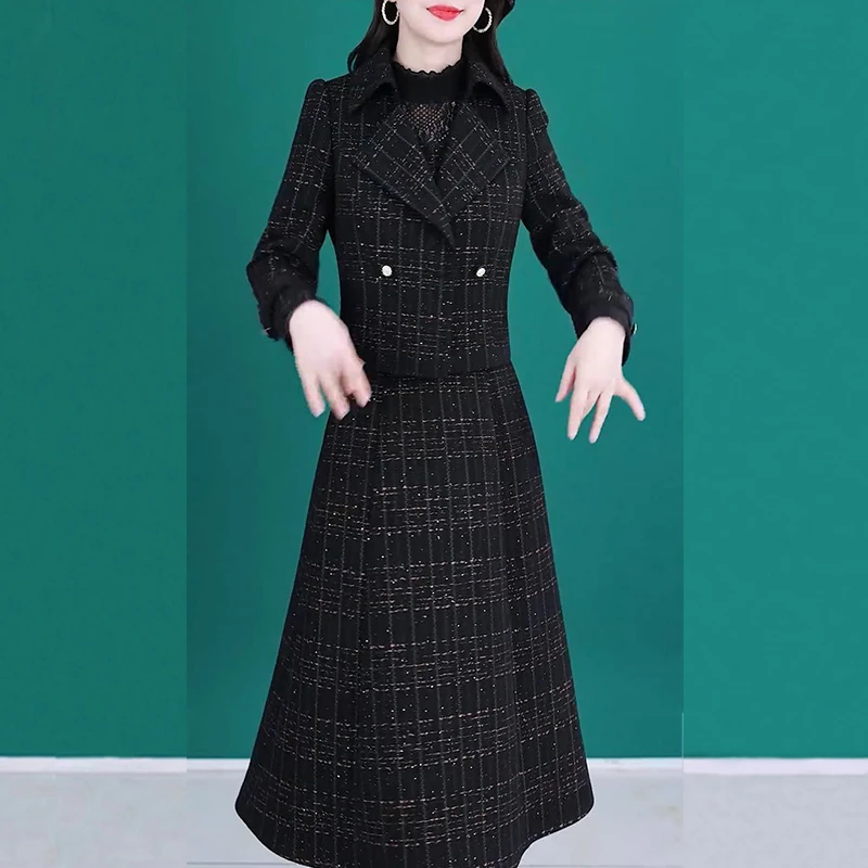 小香风长袖套装女秋冬新款气质名媛外套+洋气中长款连衣裙两件套