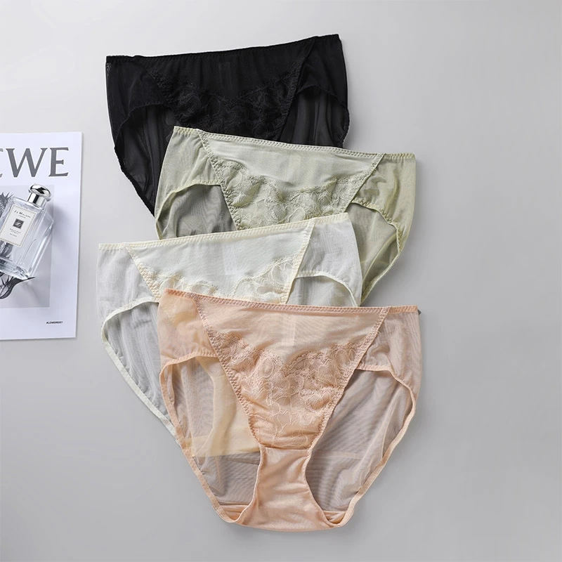 新款100%桑蚕丝女中腰内裤 轻薄网纱透气无痕真丝包臀蕾丝三角裤