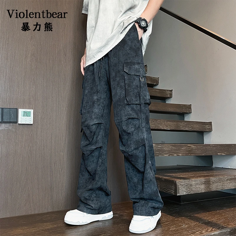 暴力熊新款工装风扎染多口袋阔腿裤男宽松直筒伞兵裤休闲长裤潮牌