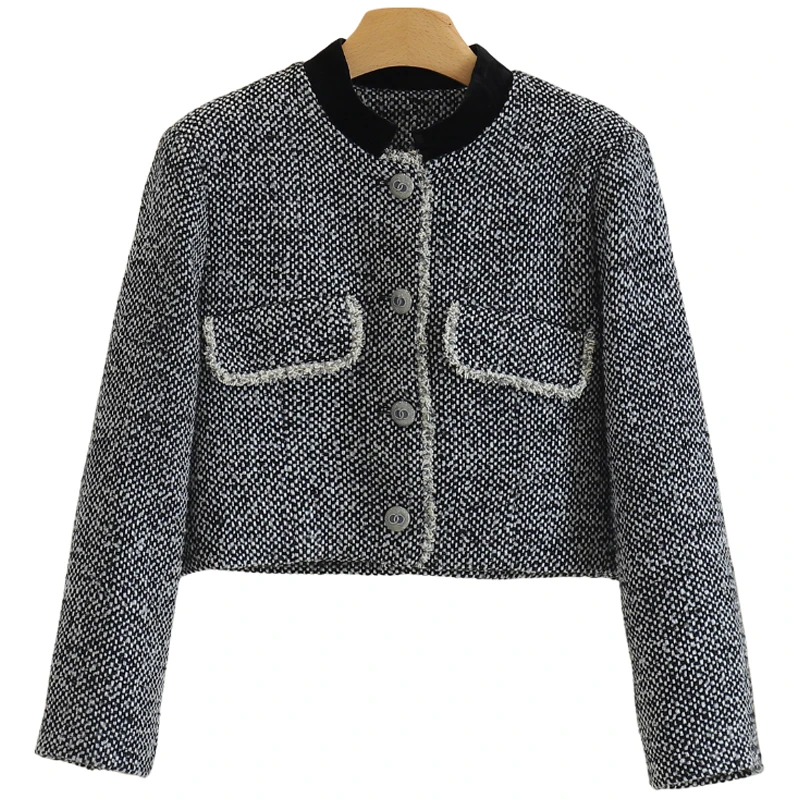 【伍莎-自营】格纹短款毛呢羽绒服#RYD48H001