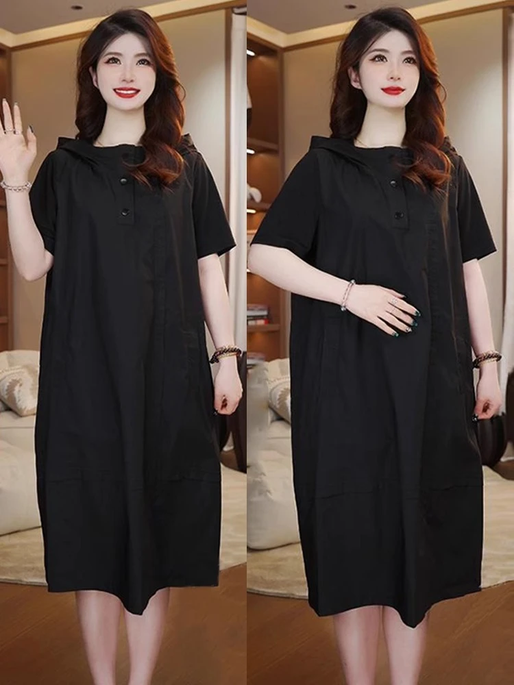 宽松休闲短袖连帽中长款连衣裙女夏季新款时尚洋气遮肉显瘦裙子