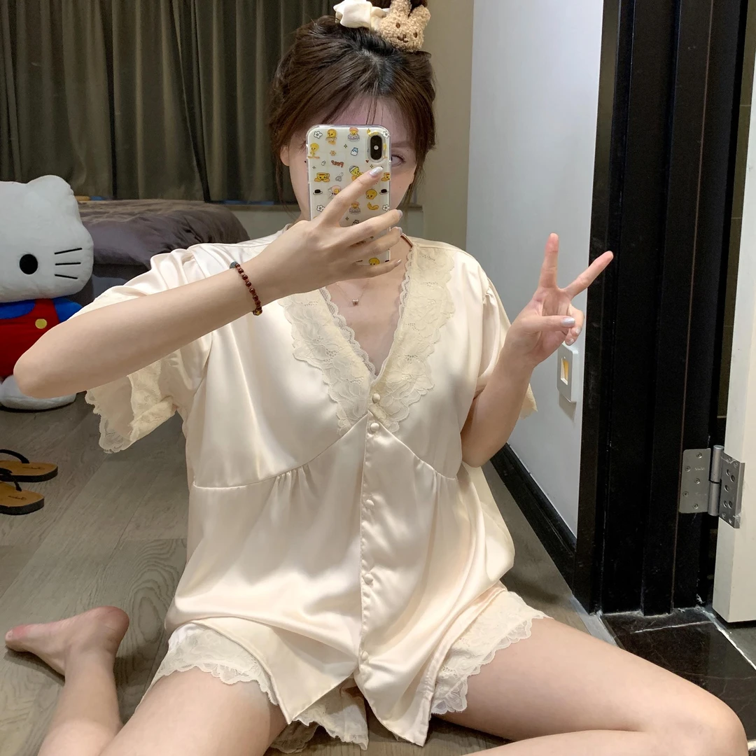 大码蕾丝冰丝V领睡衣女夏款新款性感凉感短袖短裤家居服夏天套装