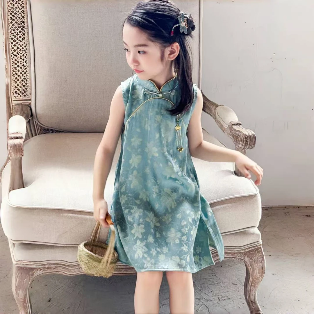 「小家碧玉」女童汉服夏季新款中国风新中式缎面旗袍裙裙子复古