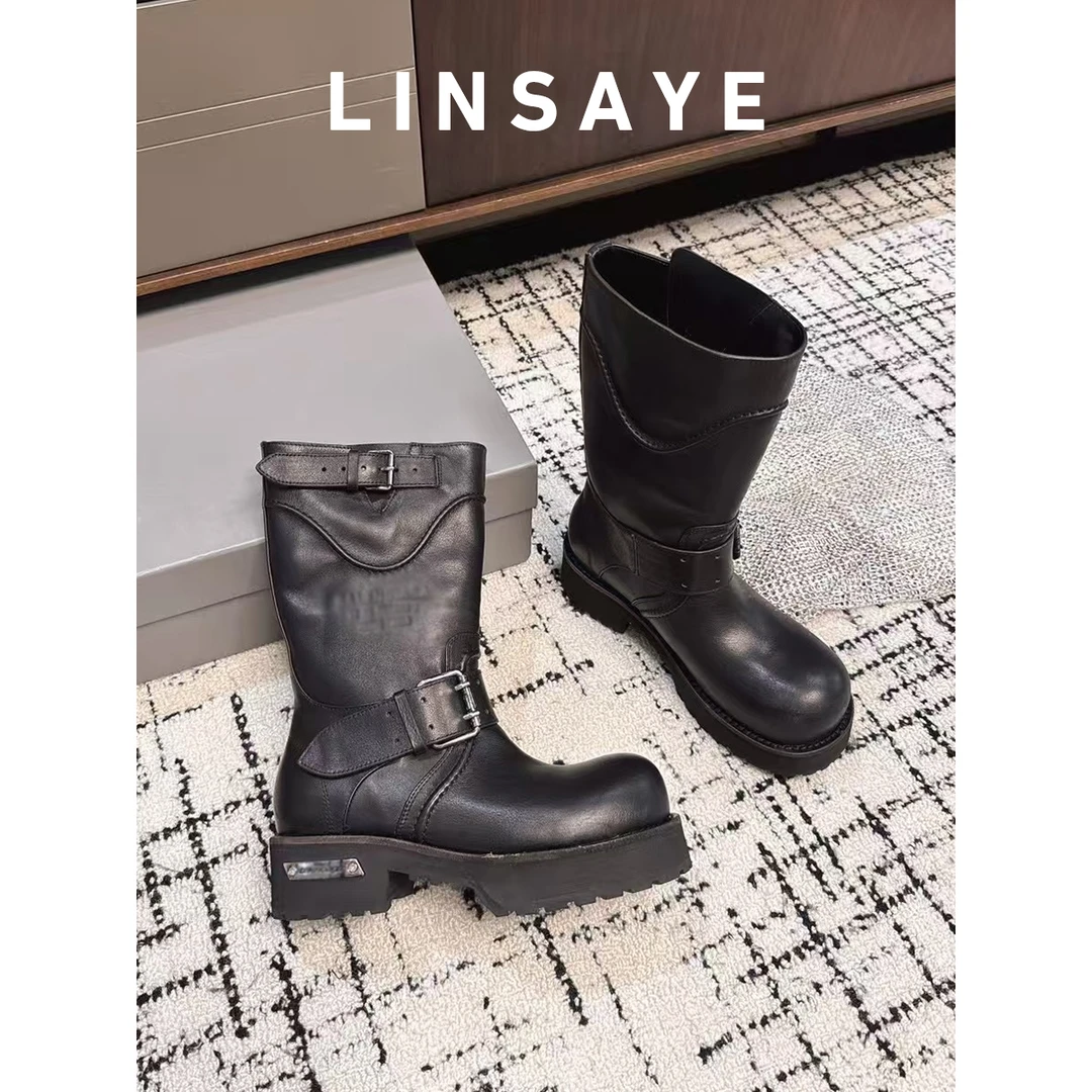 小牛皮版~皮带扣大头马丁靴女暗黑工装靴子机车靴毒液高筒骑士靴