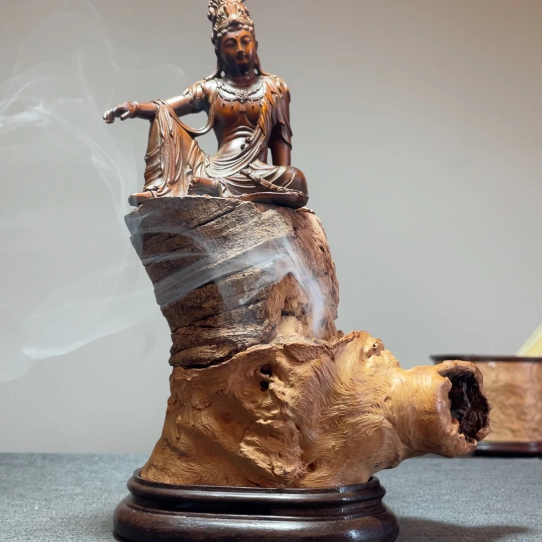 木质荔枝木香炉底座 观自在黄杨木