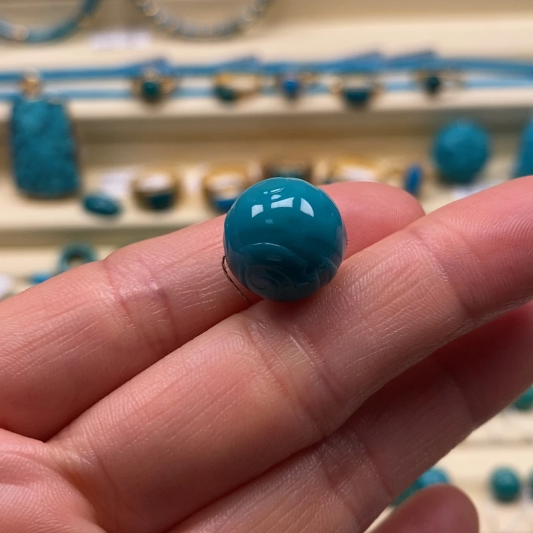 绿松石未镶嵌珠宝奇石直径13.4博古纹圆珠